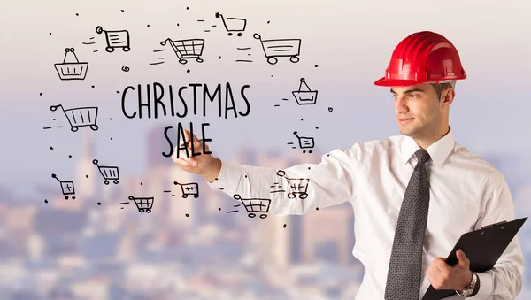 Handsome Businessman Helmet Drawing Christmas Sale Inscription Contruction Sale Concept — Stock Photo, Image