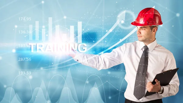 Young Businessman Helmet Drawing Training Inscription Modern Business Technology Concept — Stock Photo, Image