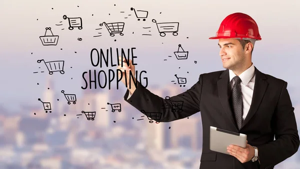 Przystojny Biznesmen Rysunkiem Kasku Online Shopping Napis Koncepcja Sprzedaży Contruction — Zdjęcie stockowe