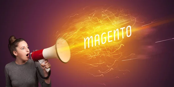 Young Girld Shouting Megaphone Magento Inscription Online Shopping Concept — Stock Photo, Image