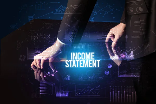 Businessman Touching Huge Screen Income Statement Inscription Cyber Business Concept — Stock Photo, Image