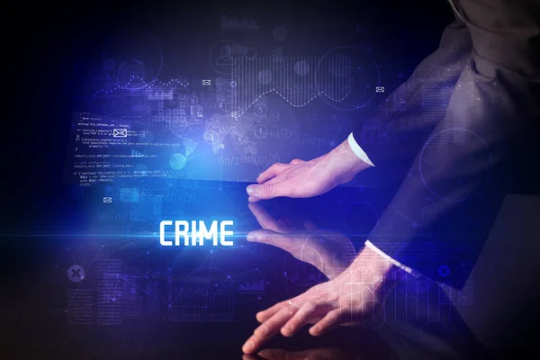 Mão Tocando Mesa Digital Com Inscrição Crime Conceito Segurança Nova — Fotografia de Stock