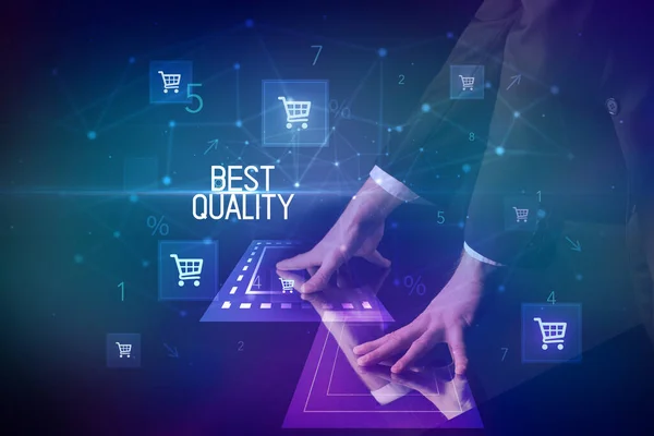 Online Shopping Mit Bestem Qualität Beschriftungskonzept Mit Warenkorb Symbolen — Stockfoto
