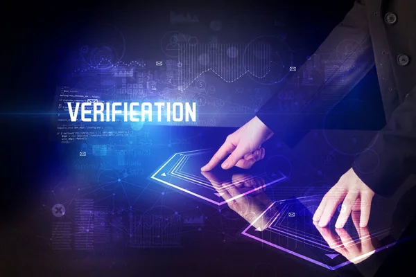 Hand Touching Digital Table Verification Inscription New Age Security Concept — Stock Photo, Image