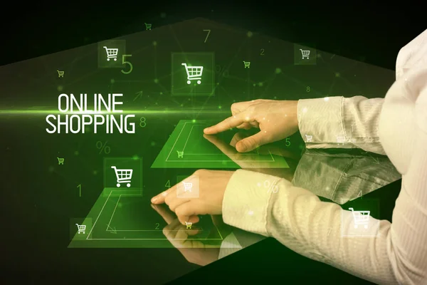 Online Vásárlás Online Shopping Felirat Koncepcióval Bevásárlókocsi Ikonokkal — Stock Fotó