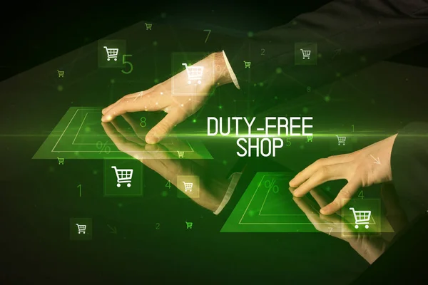 Zakupy Online Napisem Duty Free Shop Ikonami Koszyka Zakupów — Zdjęcie stockowe
