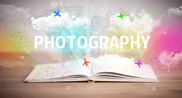Відкрита Книга Написом Photography Концепція Відпустки — стокове фото