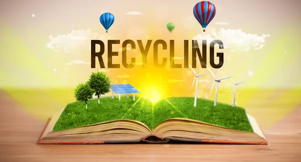 Recyclingの碑文とオープンブック 再生可能エネルギーの概念 — ストック写真