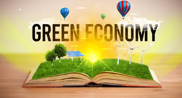 Otwarta Książka Zielonym Napisem Economy Koncepcja Energii Odnawialnej — Zdjęcie stockowe