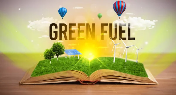 Livro Aberto Com Inscrição Green Fuel Conceito Energia Renovável — Fotografia de Stock