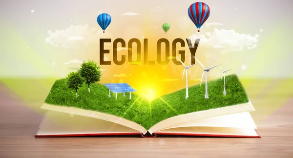Открытая Книга Надписью Ecology Концепция Возобновляемых Источников Энергии — стоковое фото