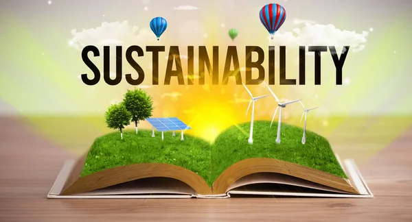 Libro Aperto Con Iscrizione Alla Sostenibilità Concetto Energia Rinnovabile — Foto Stock