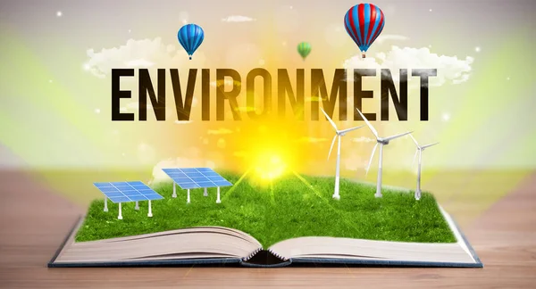 Aufgeschlagenes Buch Mit Umweltinschrift Konzept Für Erneuerbare Energien — Stockfoto