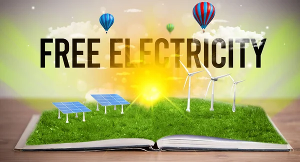 Livro Aberto Com Inscrição Electricidade Livre Conceito Energia Renovável — Fotografia de Stock