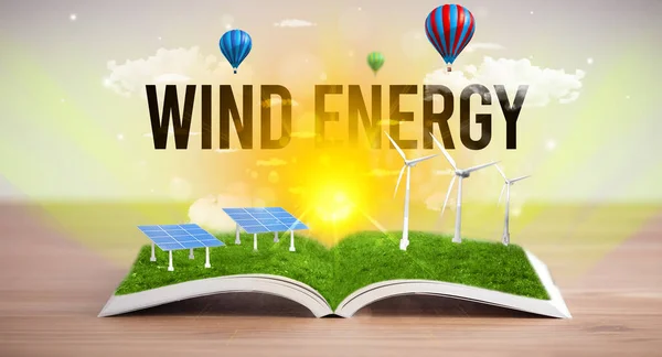 Otwarta Książka Napisem Wind Energy Koncepcja Energii Odnawialnej — Zdjęcie stockowe