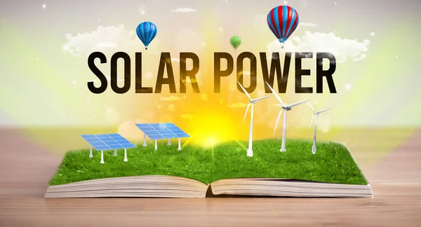 Open Book Solar Power Inscription Renewable Energy Concept — Stock Photo, Image