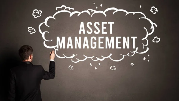 Geschäftsmann Zeichnet Eine Wolke Mit Asset Management Beschriftung Inneren Modernes — Stockfoto