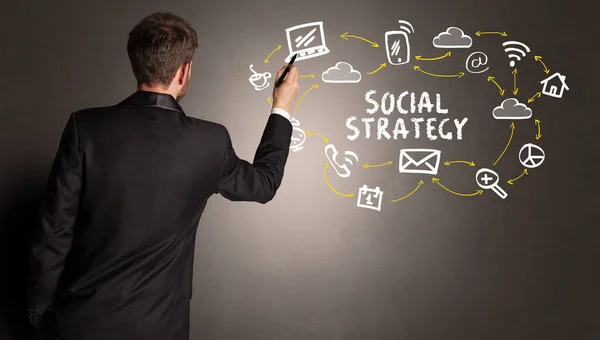 Üzletember Rajz Szociális Média Ikonok Társadalmi Stratégia Felirat Média Koncepció — Stock Fotó