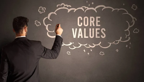 Podnikatel Kreslí Mrak Nápisem Core Values Uvnitř Moderní Obchodní Koncept — Stock fotografie