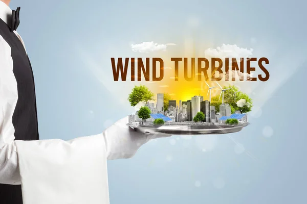 Garçom Servindo Eco Cidade Com Inscrição Wind Turbines Conceito Energia — Fotografia de Stock