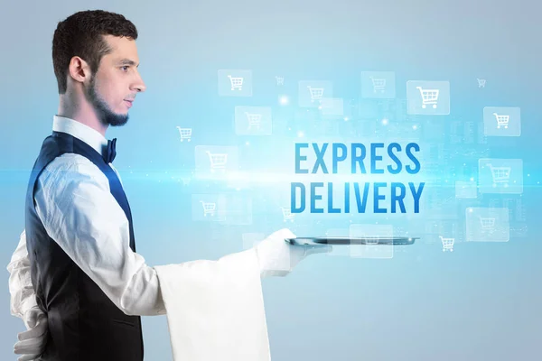 Kelner Obsługujący Napis Dostawy Express Koncepcja Zakupów Online — Zdjęcie stockowe