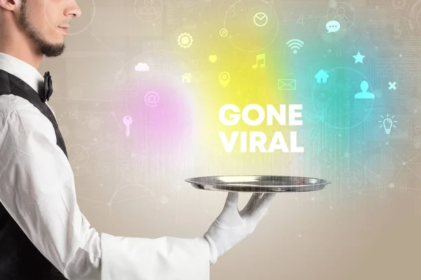 Waiter Serving Social Networking Gone Viral Inscription New Media Concept — Stock Photo, Image