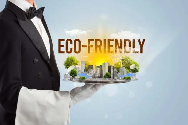 Eco Friends Bedly 비문과 시티에서 서비스를 제공하는 웨이터 에너지 — 스톡 사진
