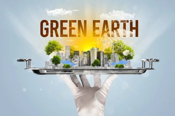 Camarero Sirviendo Eco Ciudad Con Inscripción Verde Tierra Concepto Energía — Foto de Stock