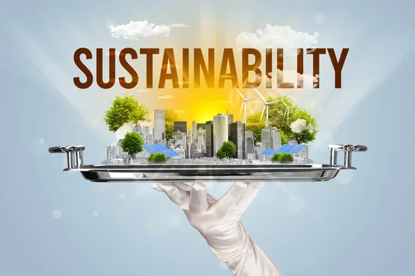 Servitör Som Serverar Eko Stad Med Hållbarhet Inskription Förnybar Energi — Stockfoto