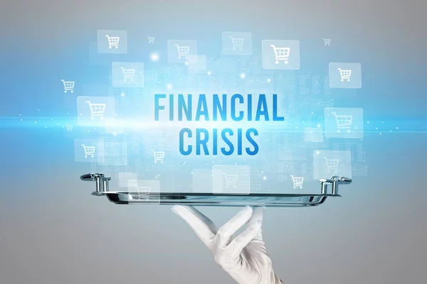 Servitör Serverar Finansiell Crisis Inskription Online Shopping Koncept — Stockfoto
