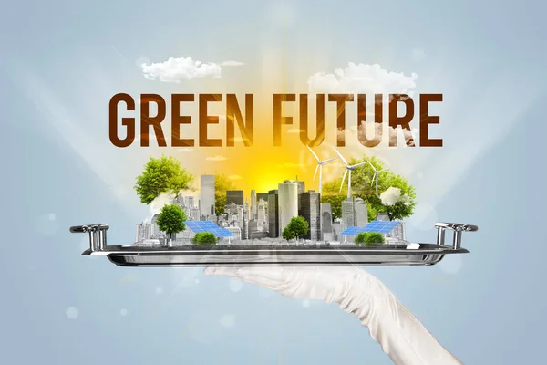 Garçom Servindo Eco Cidade Com Inscrição Futuro Verde Conceito Energia — Fotografia de Stock