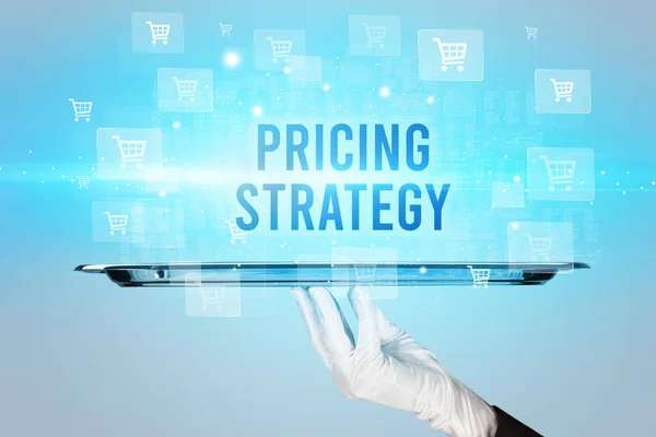 Garçom Servindo Pricing Estratégia Inscrição Conceito Compras Line — Fotografia de Stock