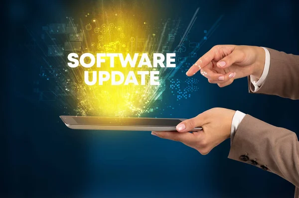 Érintőképernyő Közeli Képe Software Update Felirattal Innovatív Technológiai Koncepció — Stock Fotó
