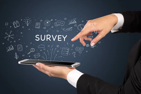 Close Touchscreen Survey Inscription Social Media Concept — Stock Photo, Image