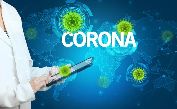 Dokter Vult Medisch Dossier Met Corona Inscriptie Virologie Concept — Stockfoto