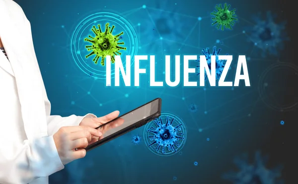 Medico Prescrive Una Prescrizione Con Iscrizione Influenza Concetto Pandemico — Foto Stock