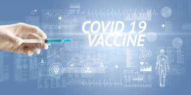 Virüs aşısı ve COVID ile şırınga iğnesi 19 VACCINE yazıtları, panzehir konsepti