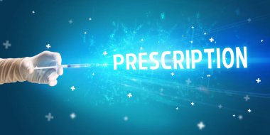 Şırınga, elinde prescRIPTION yazısıyla tıbbi enjeksiyon, tıbbi panzehir konsepti