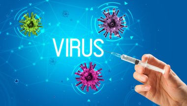 Şırınga, elinde VIRUS yazısıyla tıbbi enjeksiyon, koronavirüs aşısı konsepti