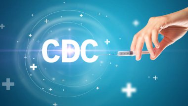 Şırınga iğnesi ile virüs aşısı ve CDC kısaltması, panzehir konsepti