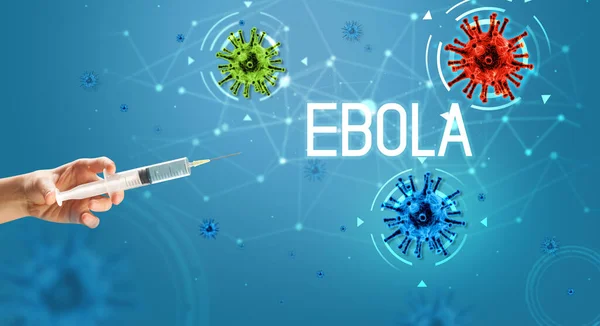 注射器 Ebolaの碑文と手の医療注射 コロナウイルスワクチンの概念 — ストック写真