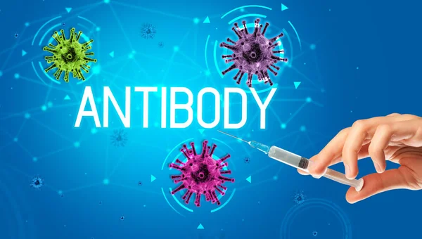 Şırınga Elinde Antibody Yazısıyla Tıbbi Enjeksiyon Koronavirüs Aşısı Konsepti — Stok fotoğraf