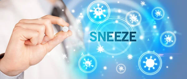 Lékař Dává Pilulku Nápisem Sneeze Koronavirus Koncept — Stock fotografie