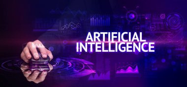 ARTIFICIAL INTELLIGENCE yazıtları ve modern teknoloji konseptiyle el ele tutuşmak