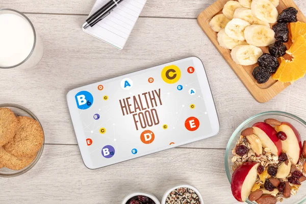 Sağlıklı Tablet Bileşimi Sağlıklı Gıda Yazısı Kilo Kaybı Konsepti — Stok fotoğraf
