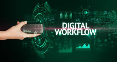 Digital WorkFLOW yazıtları ve modern teknoloji konseptiyle el ele tutuşmak