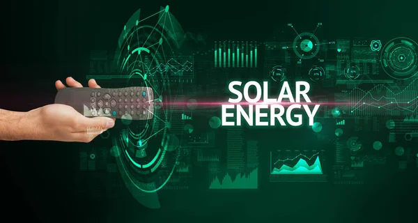 Χέρι Κρατώντας Ασύρματο Περιφερικό Επιγραφή Solar Energy Σύγχρονη Τεχνολογία Έννοια — Φωτογραφία Αρχείου