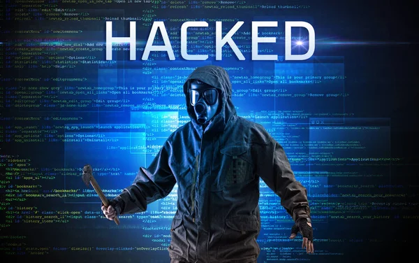 Безликий Хакер Написом Hacked Фоні Двійкового Коду — стокове фото