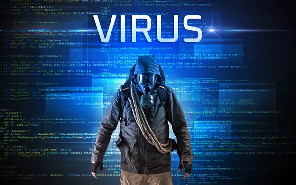 Hacker Sem Rosto Com Inscrição Virus Fundo Código Binário — Fotografia de Stock