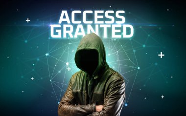 ACCESS GRANTED yazıtlı gizemli hacker, çevrimiçi saldırı konsepti yazıt, çevrimiçi güvenlik kavramı